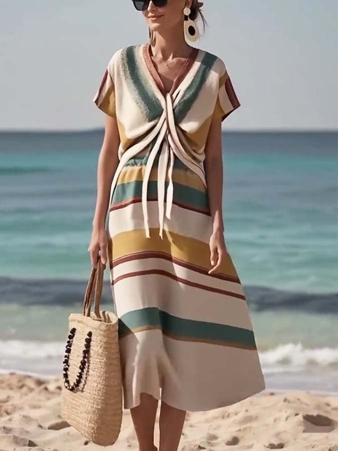 Women'S Casual Cross Stripe Print Dress