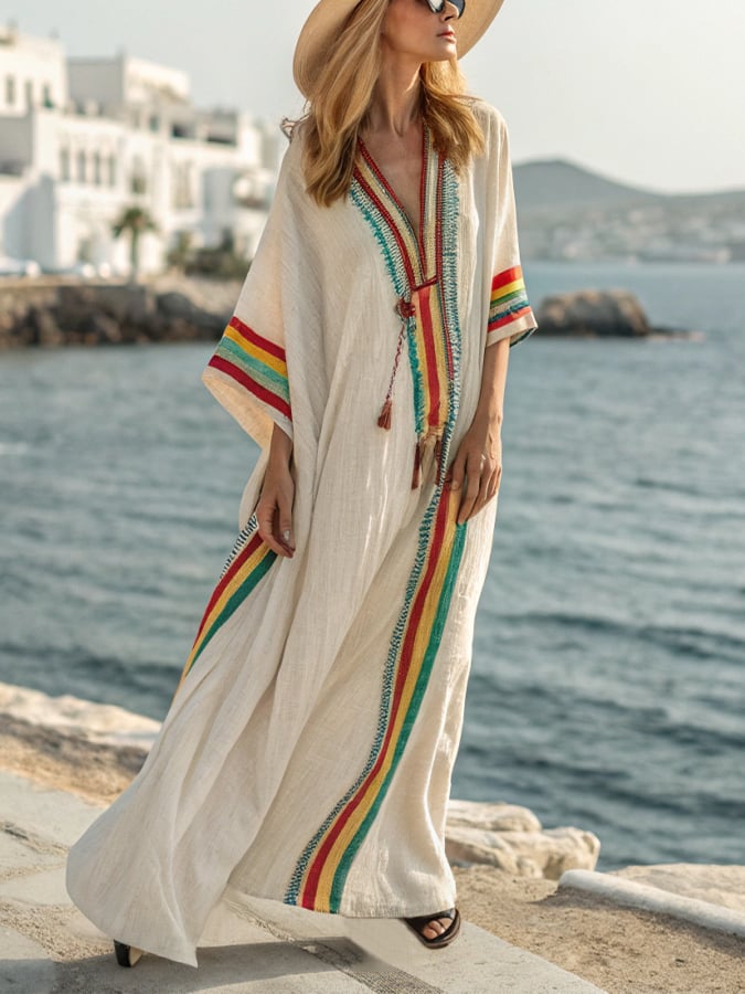 Women's Casual V-Neck Contrast Striped Loose Dress