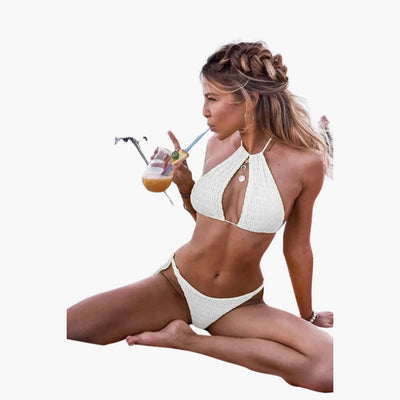 Textured halter bikini set - for women with tie side bottom