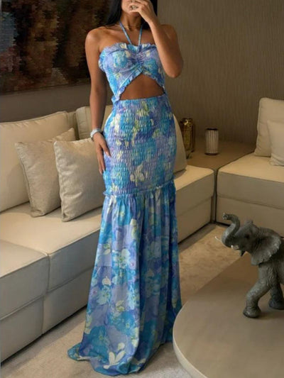 Halter Neck Hollow Print Maxi Dress