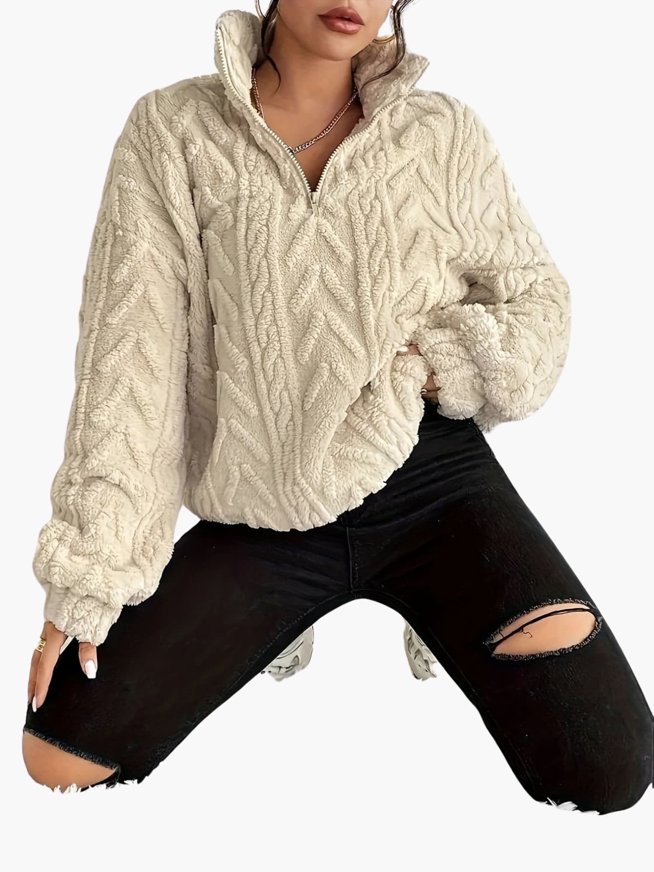 Zara | Luxe Cable-Knit Fleece Sweatshirt