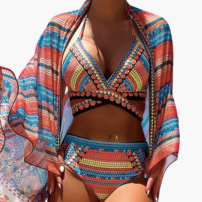 Boho Three Piece Bikini - Women’s Festival Set with Cover Up