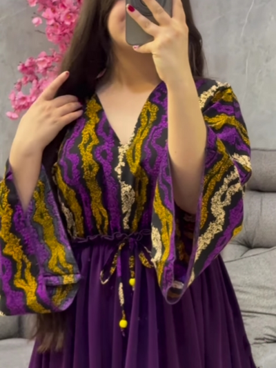 V-neck printed paneled slit dress