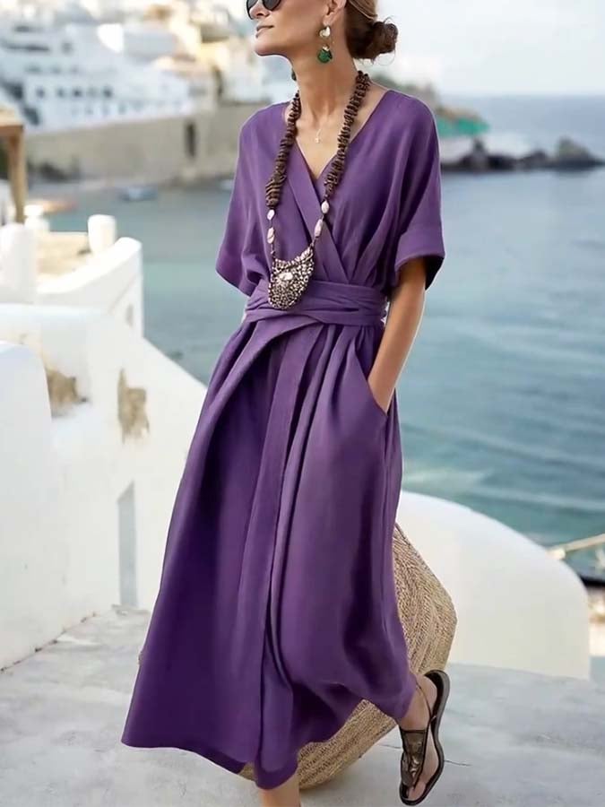 Ladies Loose Solid Pocket Dress