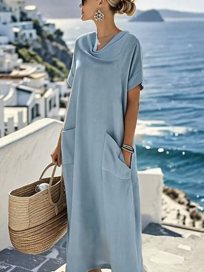 Women'S Solid Color Short-Sleeved Loose And Linen Dress