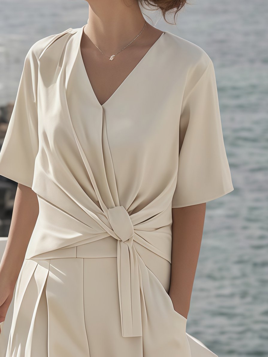 Women's Summer Linen V-Neck Pleated Lace-Up Suit