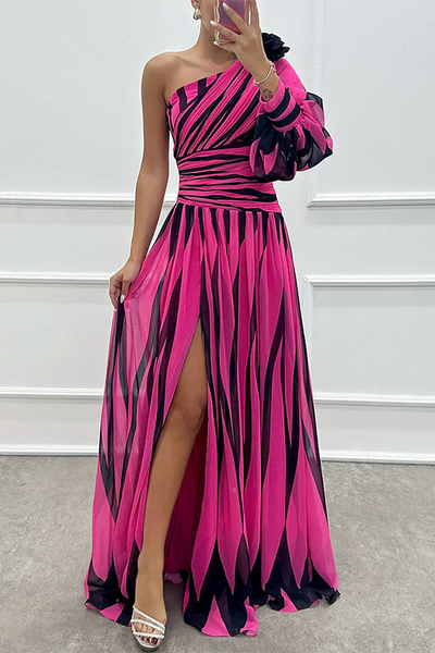 Indigo | Elegant Striped One Shoulder Maxi Dress