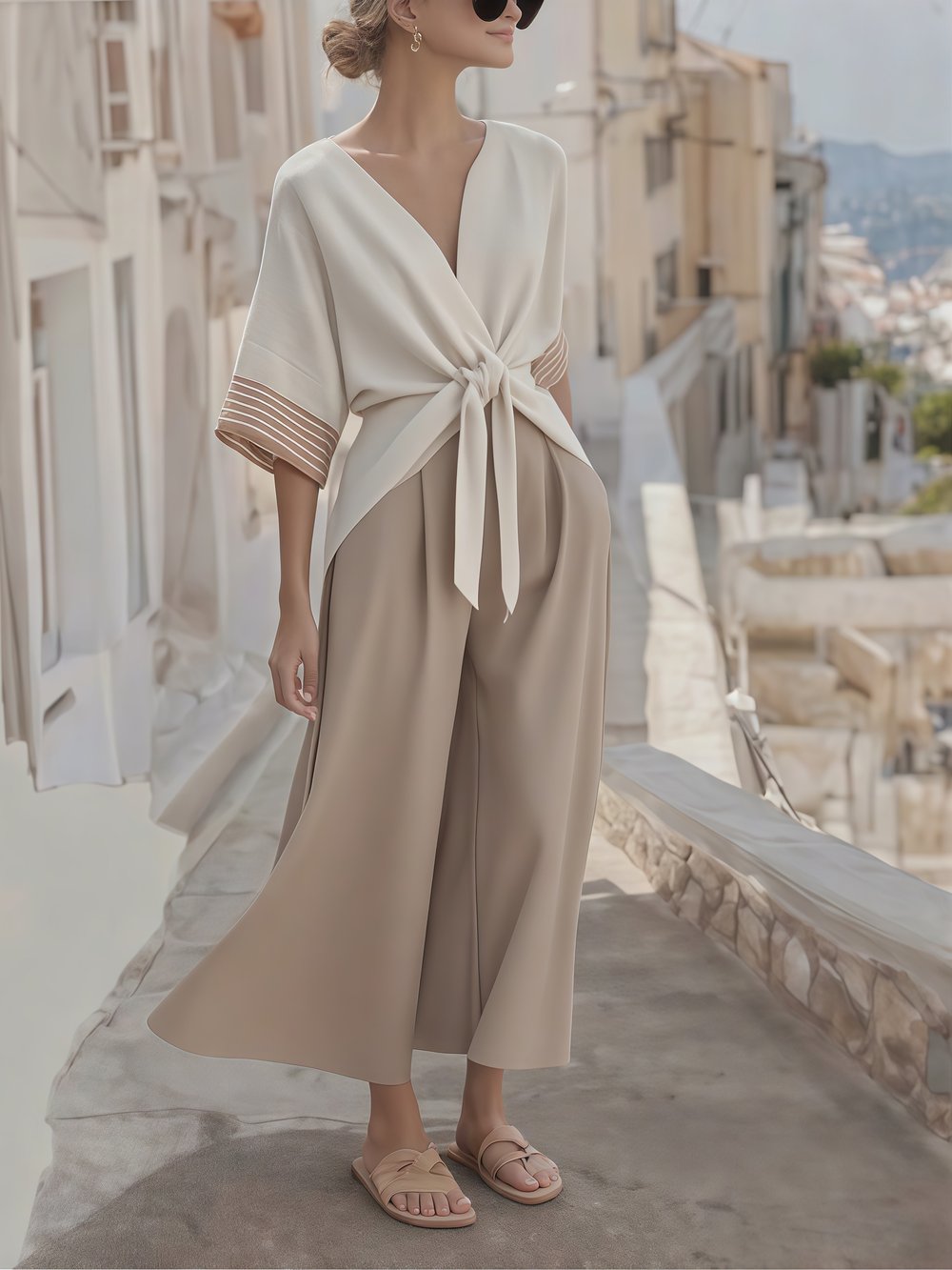 Women's Summer Linen Lace-Up Striped Cuff Suit