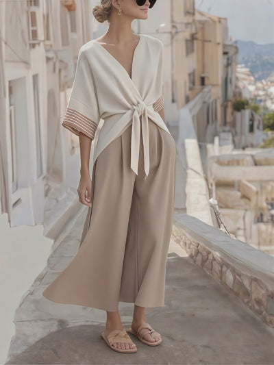 Women's Summer Linen Lace-Up Striped Cuff Suit