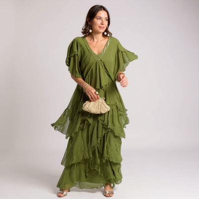 Sheila- Elegant pleated dress with V-neck