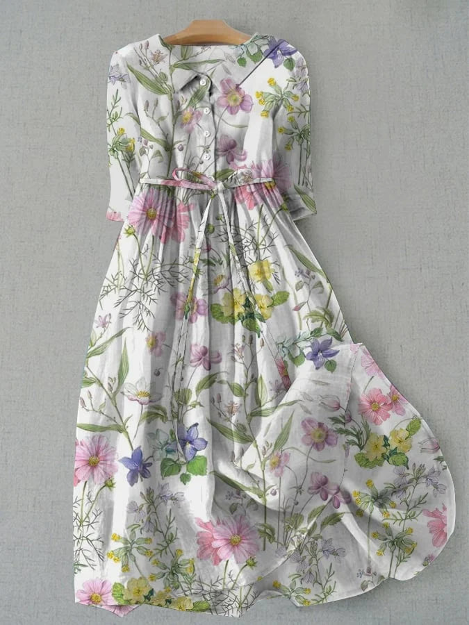 Dahlia - A-Line Summer Floral Dress with Waist Ties