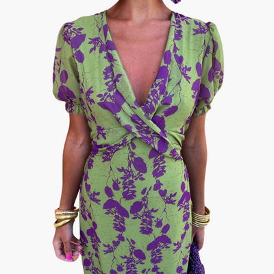 Julia | Elegant Deep V-Neck Dress with Leaf Pattern