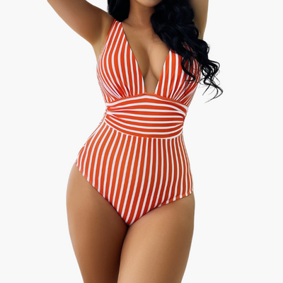 Striped One-Piece Swimsuit - Women's Shaping Beachwear Style
