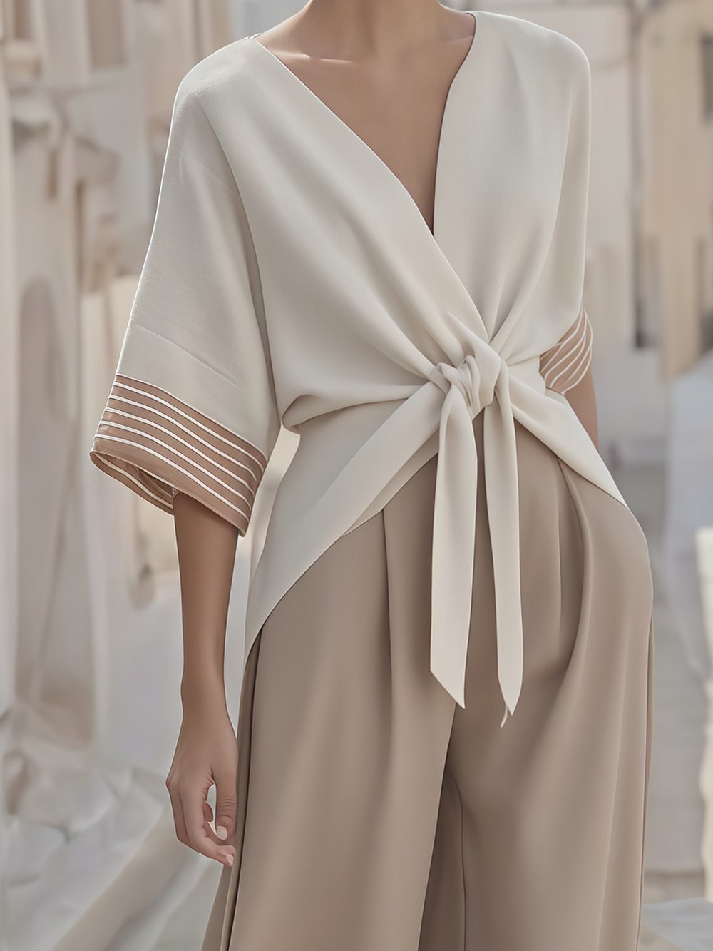 Women's Summer Linen Lace-Up Striped Cuff Suit