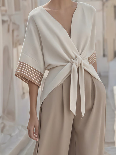 Women's Summer Linen Lace-Up Striped Cuff Suit