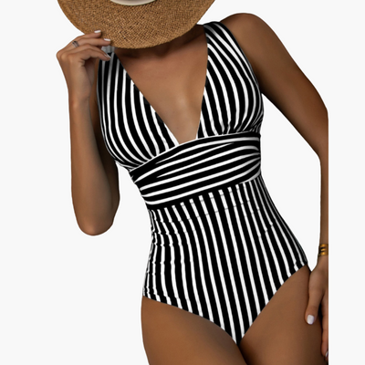 Striped One-Piece Swimsuit - Women's Shaping Beachwear Style