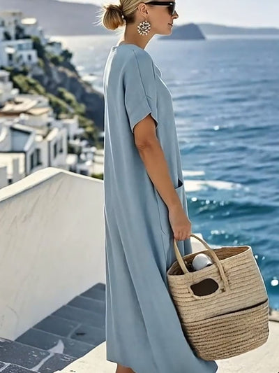 Women'S Solid Color Short-Sleeved Loose And Linen Dress