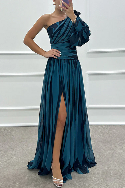 Indigo | Elegant Striped One Shoulder Maxi Dress