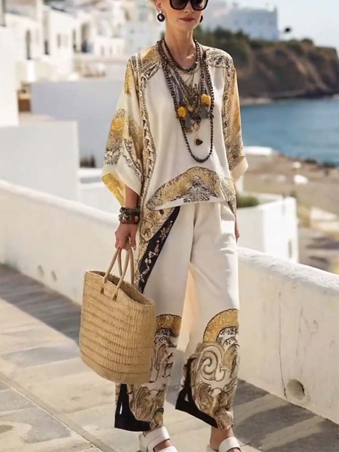 Women'S Loose Printed Wide Leg Pants Set