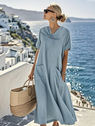 Women'S Solid Color Short-Sleeved Loose And Linen Dress