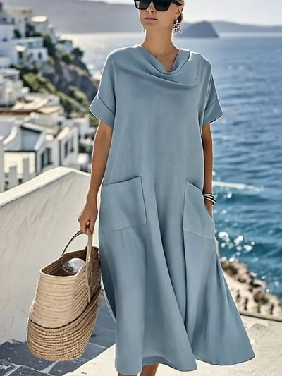 Women'S Solid Color Short-Sleeved Loose And Linen Dress