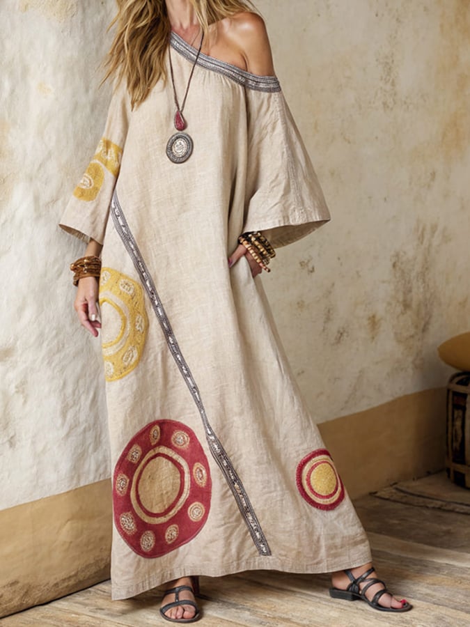 Women'S Casual Off-Shoulder Geometric Pattern Loose Dress