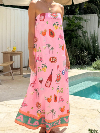 Strapless Bandeau Resort Print Maxi Dress