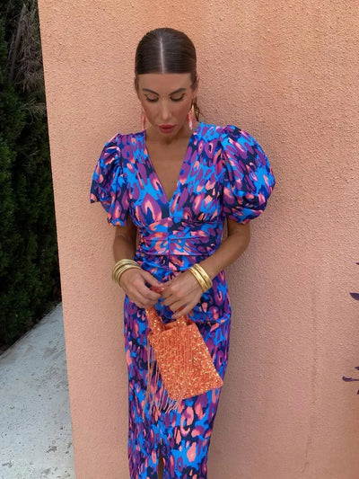 Loren - Vibrant Blue & Pink Puff Sleeve Dress