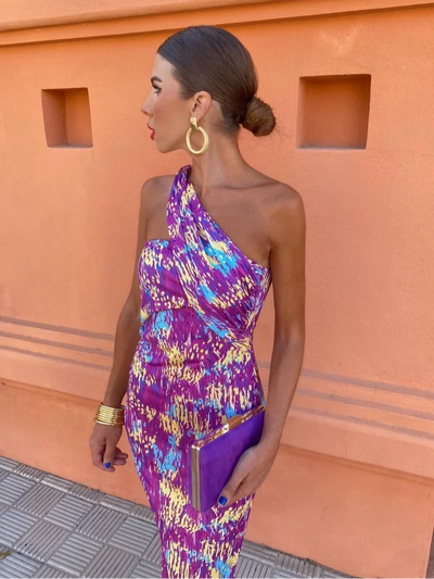 Elise | Colorful Asymmetric Neckline Dress
