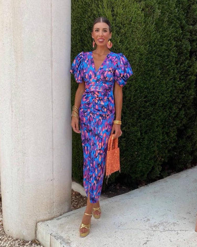 Loren - Vibrant Blue & Pink Puff Sleeve Dress