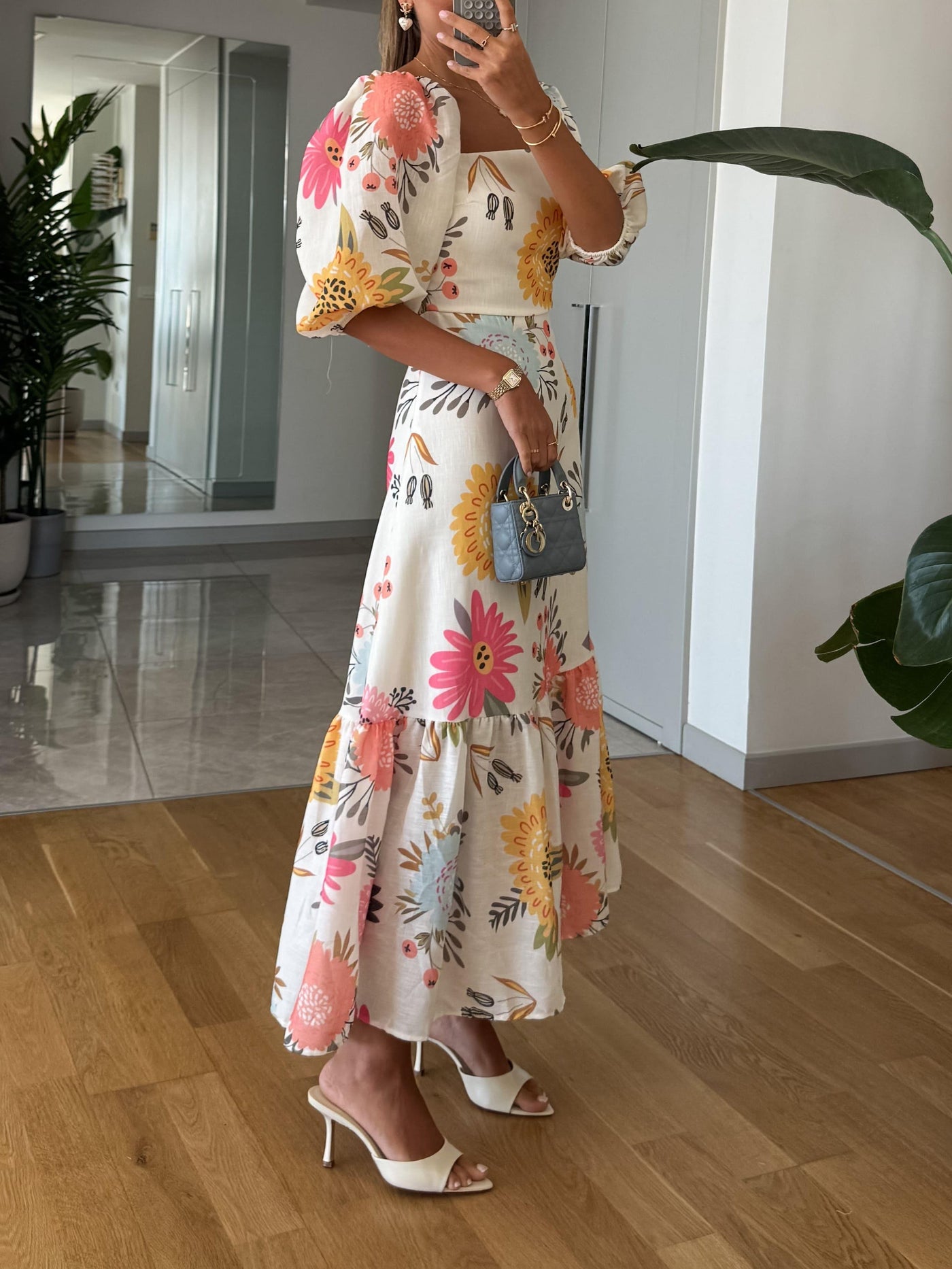 Emma - Square Neck Floral Print Puff Sleeve Midi Dress