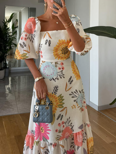 Emma - Square Neck Floral Print Puff Sleeve Midi Dress
