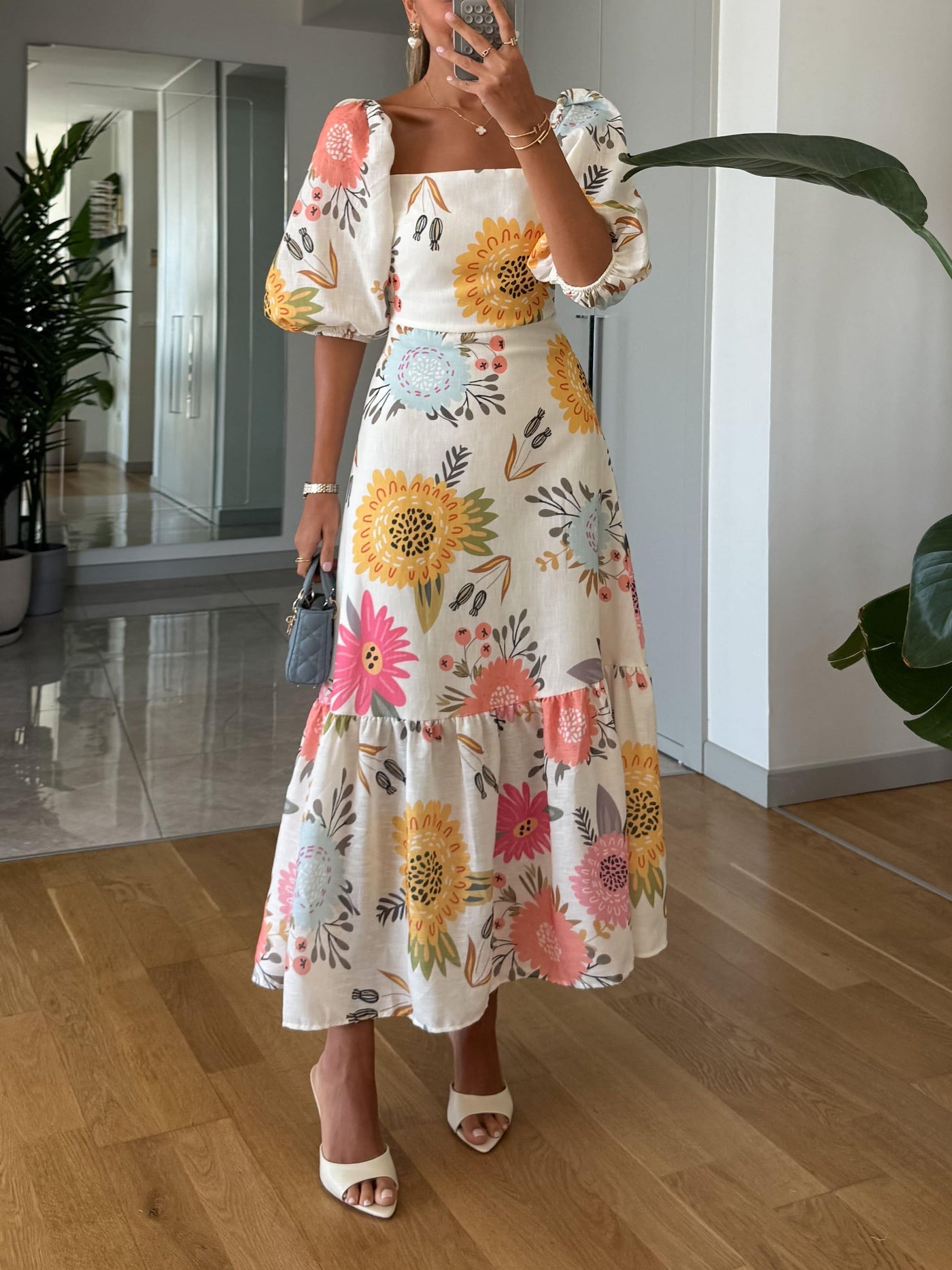 Emma - Square Neck Floral Print Puff Sleeve Midi Dress