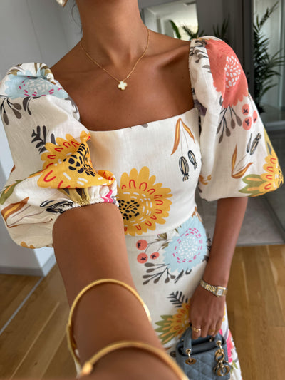 Emma - Square Neck Floral Print Puff Sleeve Midi Dress