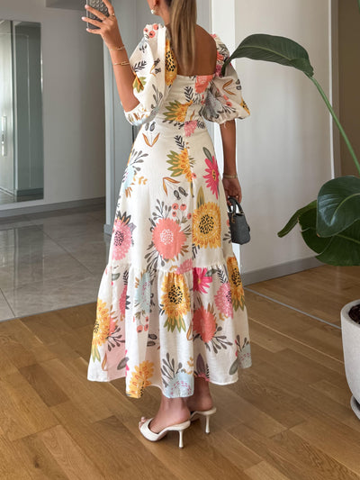 Emma - Square Neck Floral Print Puff Sleeve Midi Dress