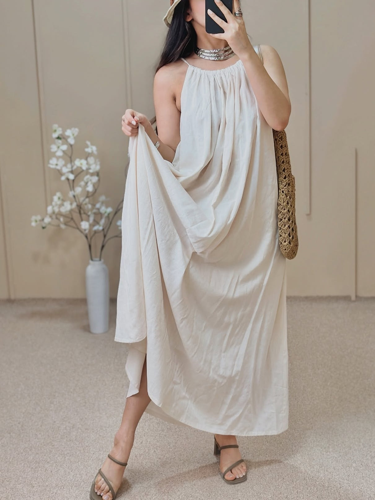 Beige Adjustable Strap Floor-Length Dress