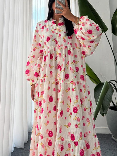 Floral Pattern V-Neck Lantern Sleeve Dress