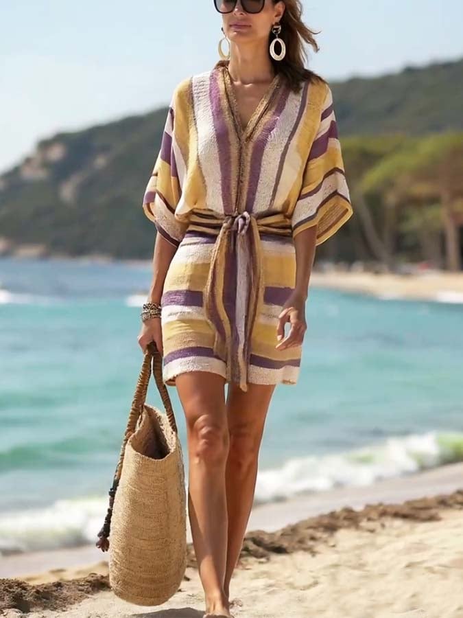 Women'S Casual Striped Printed Belted Jumpsuit