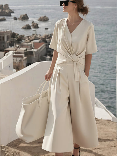 Women's Summer Linen V-Neck Pleated Lace-Up Suit