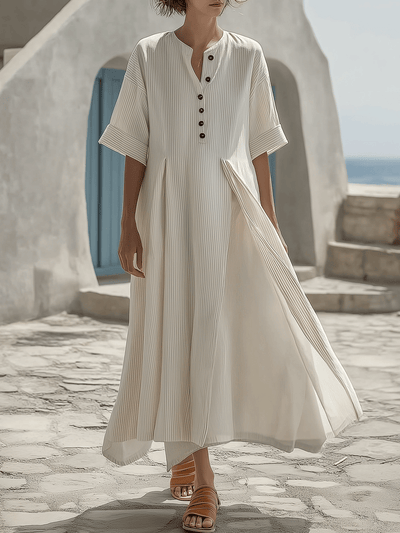 Women's Summer Round Neck Striped Pleated Dress