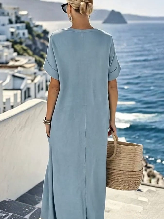 Women'S Solid Color Short-Sleeved Loose And Linen Dress