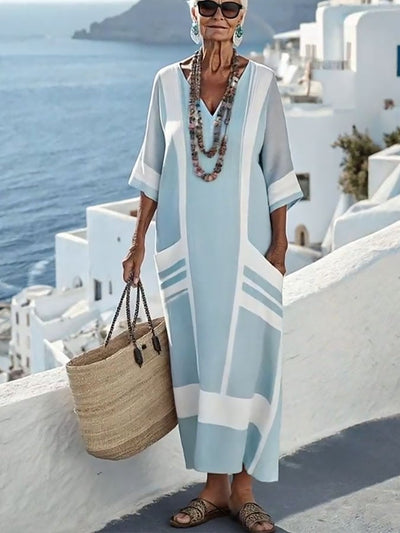 Women'S V-Neck Half Sleeve Striped PrintedLinen Dress