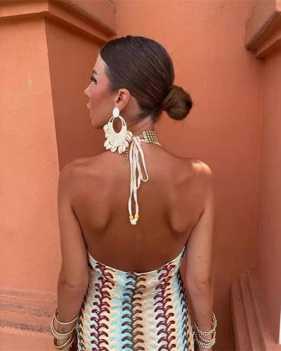 Charlotte - Elegant Halter Neck Striped Maxi Dress